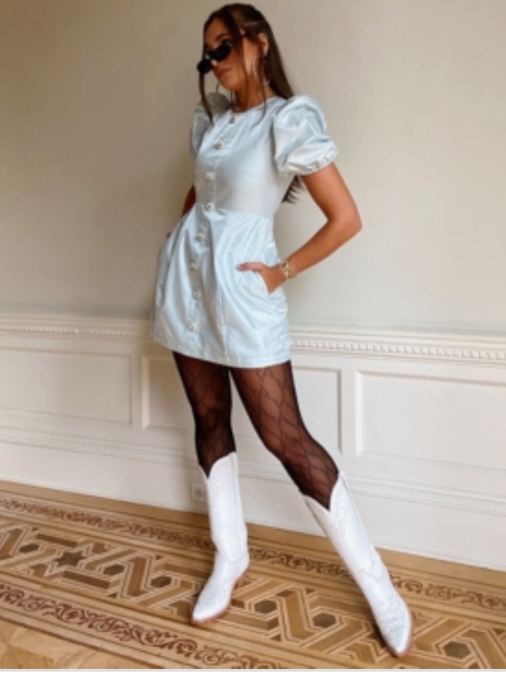 DANIELLE BERNSTEIN Light Pastel Blue Puff-Sleeve Mini Dress